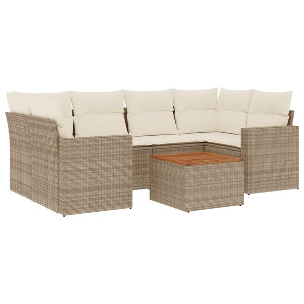 vidaXL 7-tlg. Garten-Sofagarnitur mit Kissen Beige Poly Rattan