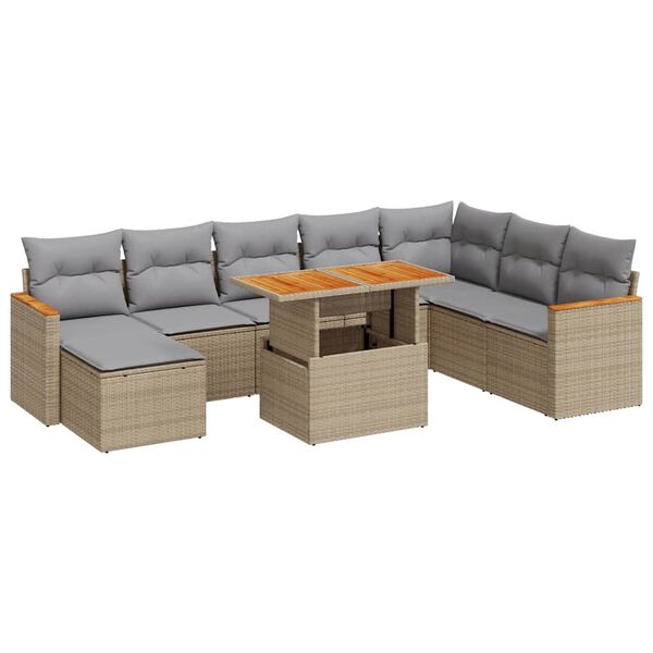vidaXL 9-tlg. Garten-Sofagarnitur mit Kissen Beige Poly Rattan Akazie