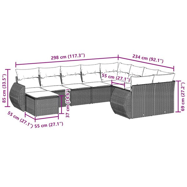 vidaXL 10-tlg. Garten-Sofagarnitur mit Kissen Schwarz Poly Rattan