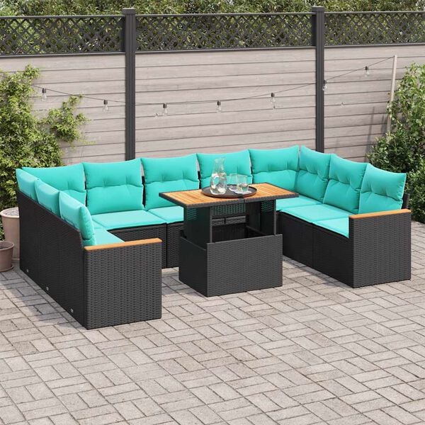 vidaXL 10-tlg. Garten-Sofagarnitur mit Kissen Schwarz Poly Rattan