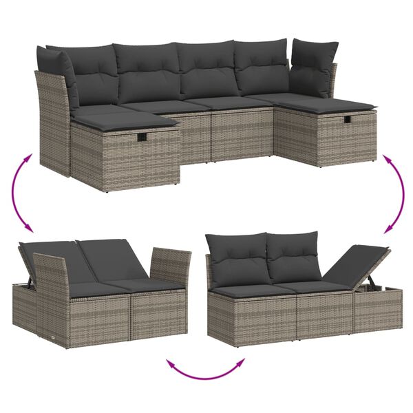 vidaXL 6-tlg. Garten-Sofagarnitur mit Kissen Grau Poly Rattan