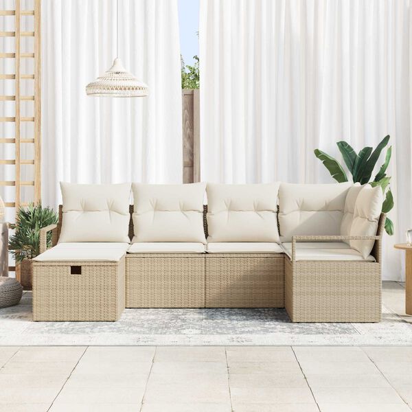 vidaXL Garten-Sofa-Set mit Kissen mit Speicher 6 pcs Beige Poly Rattan