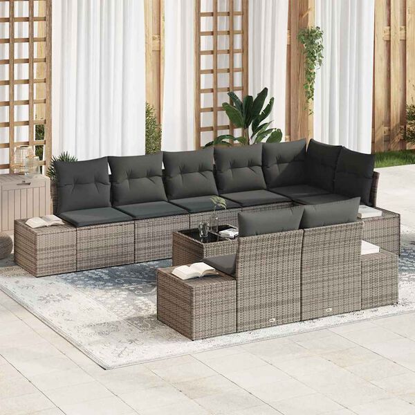 vidaXL Garten-Sofa-Set mit Kissen mit Speicher 9 pcs Grau Poly-Rattan