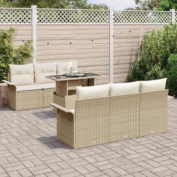 vidaXL Garten-Sofa-Set mit Kissen mit Speicher 7 pcs Beige Poly Rattan