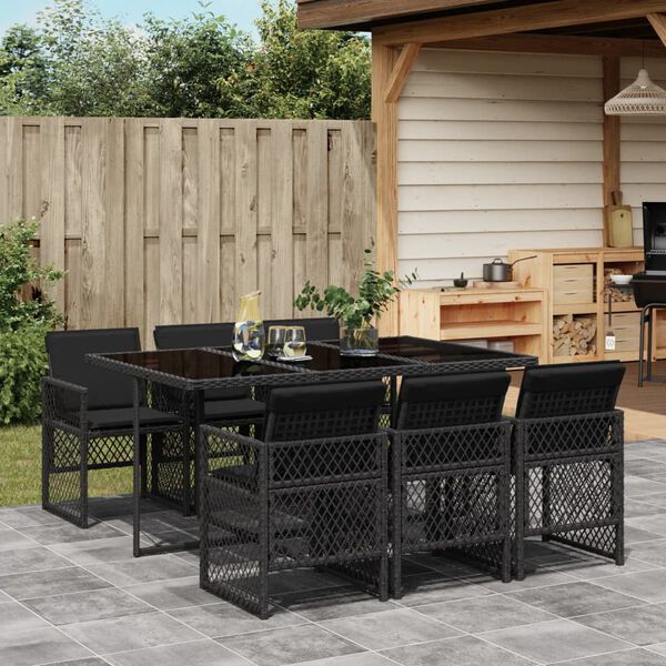 vidaXL 7-tlg. Garten-Essgruppe mit Kissen Schwarz Poly Rattan