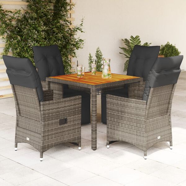 vidaXL 5-tlg. Garten-Bistro-Set mit Kissen Grau Poly Rattan