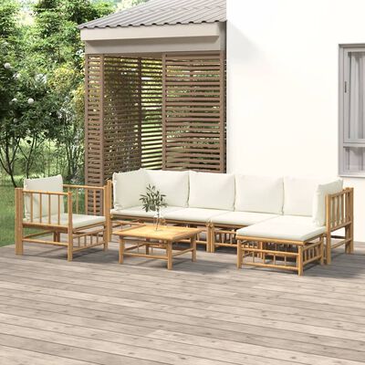 vidaXL 7-tlg. Garten-Lounge-Set mit Cremeweißen Kissen Bambus