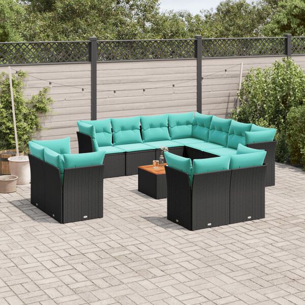 vidaXL 12-tlg. Garten-Sofagarnitur mit Kissen Schwarz Poly Rattan