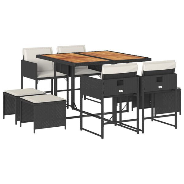 vidaXL 9-tlg. Garten-Essgruppe mit Kissen Schwarz Poly Rattan