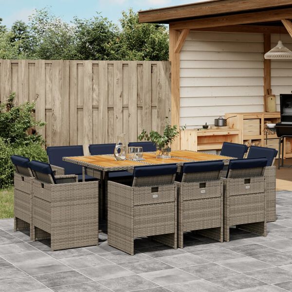 vidaXL 11-teiliges Garten-Ess-Set mit Kissen, grau, Polyrattan