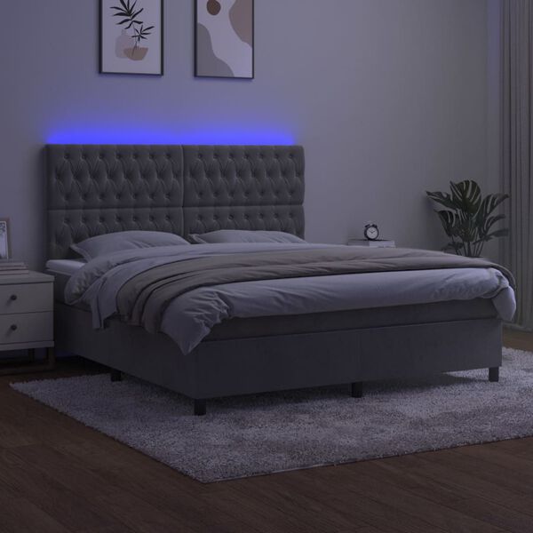 vidaXL Boxspringbett mit Matratze & LED Hellgrau 180x200 cm Samt