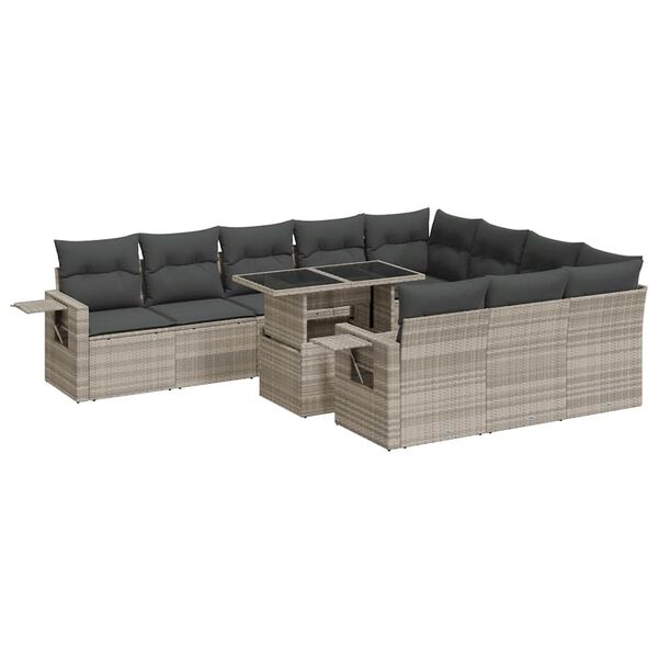 vidaXL 11-tlg. Garten-Sofagarnitur mit Kissen Hellgrau Poly Rattan