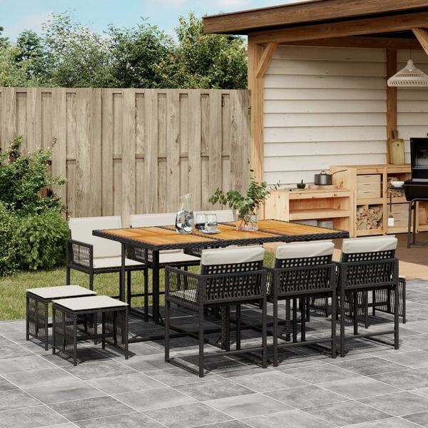 vidaXL 11-tlg. Garten-Essgruppe mit Kissen Schwarz Poly Rattan