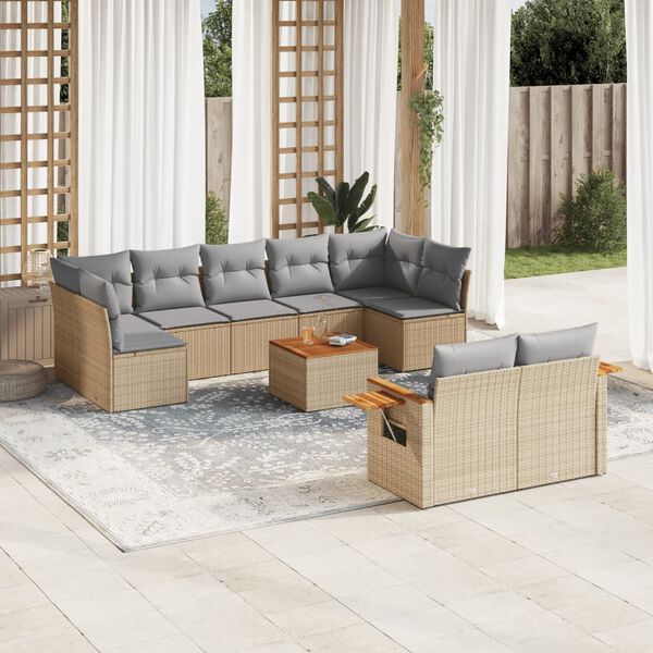 vidaXL 10-tlg. Garten-Sofagarnitur mit Kissen Beige Poly Rattan