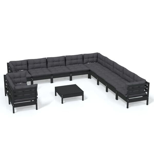 vidaXL 12-tlg. Garten-Lounge-Set mit Kissen Schwarz Massivholz Kiefer
