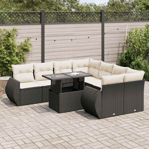 vidaXL 9-tlg. Garten-Sofagarnitur mit Kissen Schwarz Poly Rattan