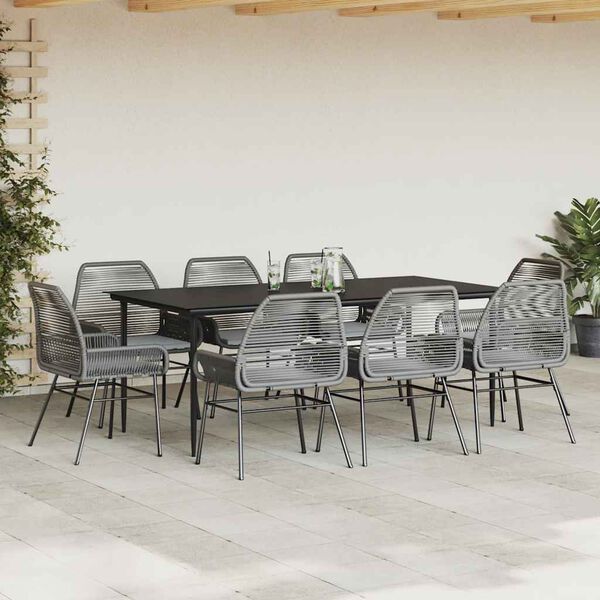 vidaXL 9-tlg. Garten-Essgruppe mit Kissen Grau Poly Rattan Glas