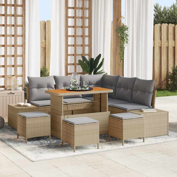 vidaXL Gartensofa-set mit Kissen mit Speicher 9 pcs Beige Poly Rattan