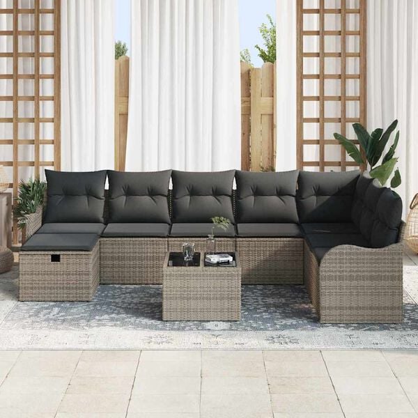 vidaXL Garten-Sofa-Set mit Kissen mit Speicher 9 pcs Grau Poly Rattan