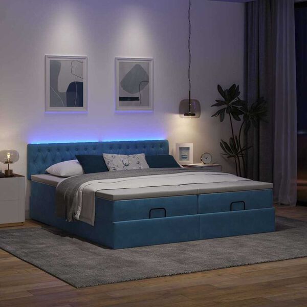 vidaXL Ottoman-Bett mit Matratzen & LED Dunkelblau 200x200 cm Samt