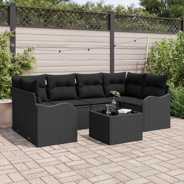 vidaXL Garten-Sofa-Set 7 pcs Schwarz Poly-Rattan und Stahl und Glas