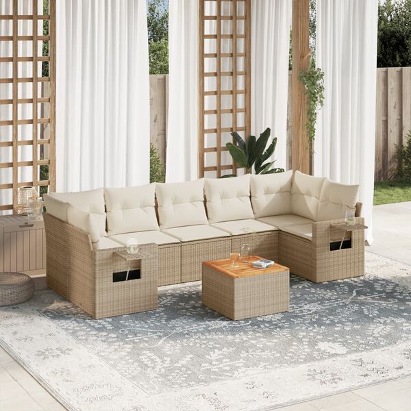 vidaXL 8-tlg. Garten-Sofagarnitur mit Kissen Beige Poly Rattan