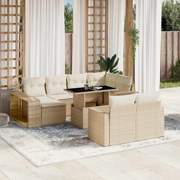 vidaXL 11-tlg. Garten-Sofagarnitur mit Kissen Beige Poly Rattan