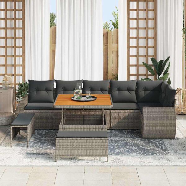 vidaXL Gartensofa-set mit Kissen mit Speicher 9 pcs Grau Poly Rattan