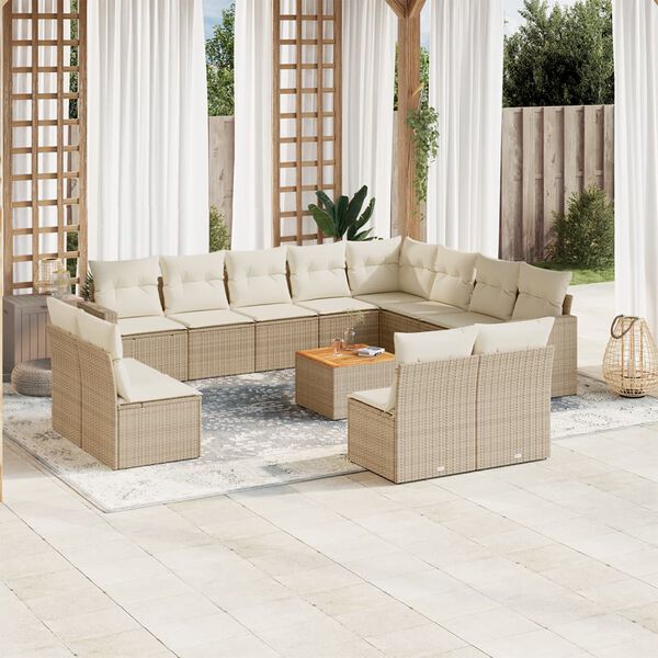 vidaXL 13-tlg. Garten-Sofagarnitur mit Kissen Beige Poly Rattan