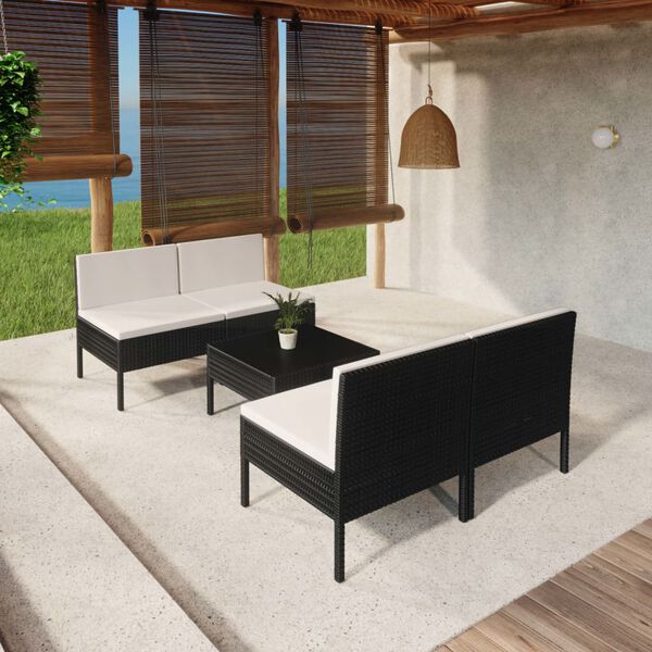 vidaXL 5-tlg. Garten-Lounge-Set mit Auflagen Poly Rattan Schwarz