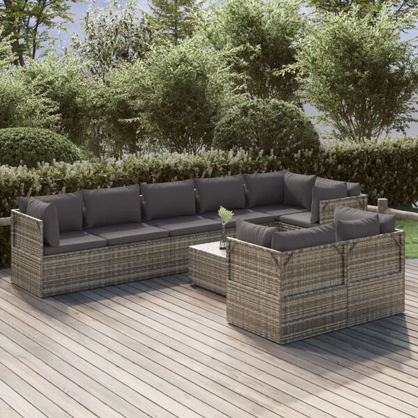 vidaXL 9-tlg. Garten-Lounge-Set mit Kissen Grau Poly Rattan