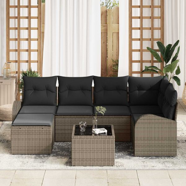 vidaXL Sofa Set mit Kissen mit Speicher 7 pcs Grau Poly-Rattan