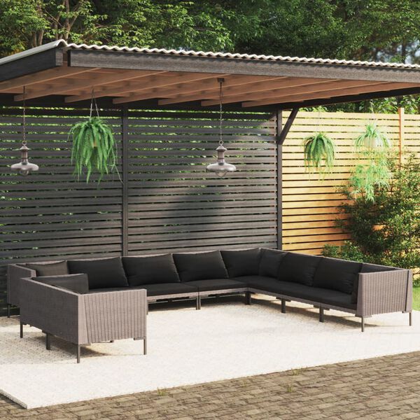 vidaXL 10-tlg. Garten-Lounge-Set mit Kissen Poly Rattan Dunkelgrau