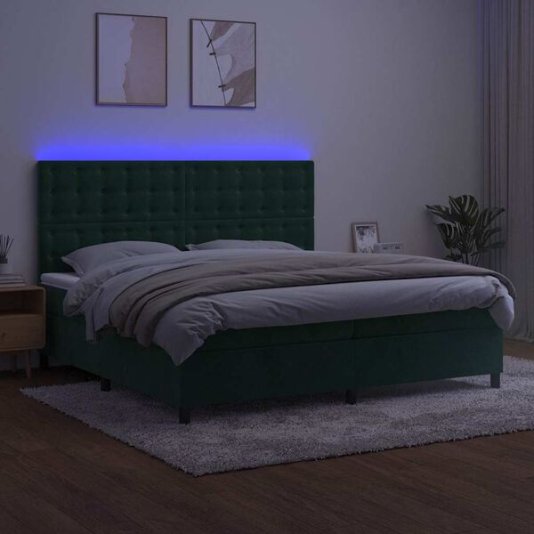 vidaXL Boxspringbett mit Matratze & LED Dunkelgr&uuml;n 200x200 cm Samt
