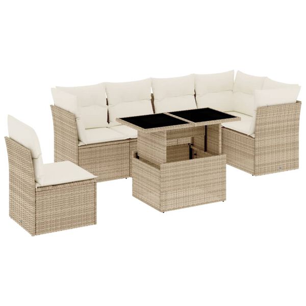 vidaXL 7-tlg. Garten-Sofagarnitur mit Kissen Beige Poly Rattan