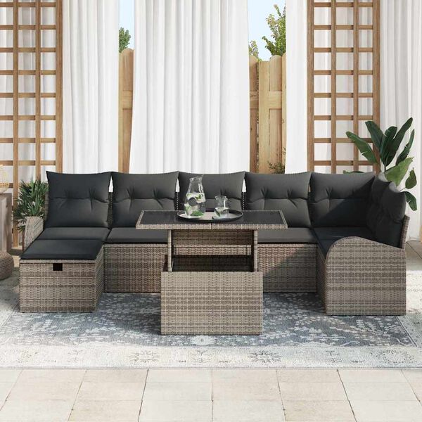 vidaXL Garten-Sofa-Set mit Kissen mit Speicher 8 pcs Grau Poly Rattan