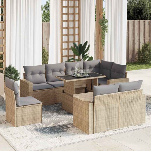 vidaXL 9-tlg. Garten-Sofagarnitur mit Kissen Beige Poly Rattan