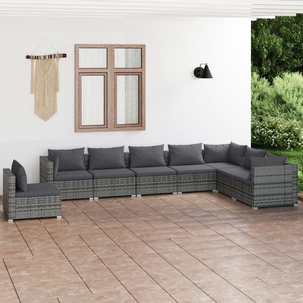 vidaXL 8-tlg. Garten-Lounge-Set mit Kissen Poly Rattan Grau