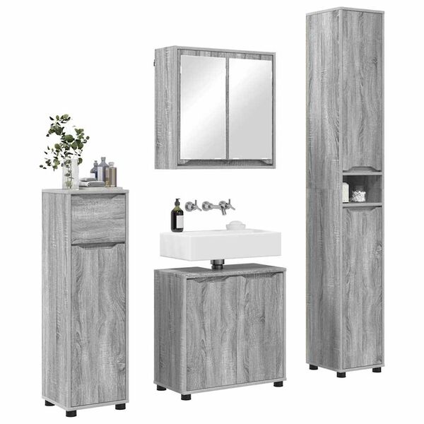 vidaXL Badezimmerm&ouml;bel-Set mit Regal 4 pcs Graues Sonoma Holzwerkstoff