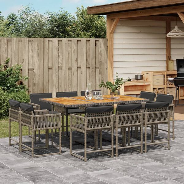 vidaXL 11-tlg. Garten-Essgruppe mit Kissen Grau Poly Rattan