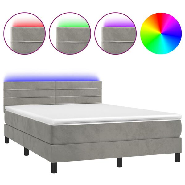 vidaXL Boxspringbett mit Matratze & LED Hellgrau 140x200 cm Samt