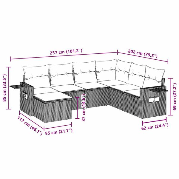 vidaXL 7-tlg. Garten-Sofagarnitur mit Kissen Schwarz Poly Rattan