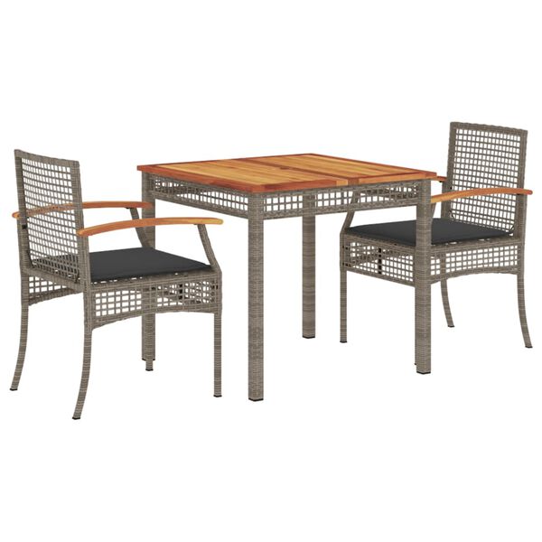 vidaXL 3-tlg. Garten-Essgruppe mit Kissen Grau Poly Rattan