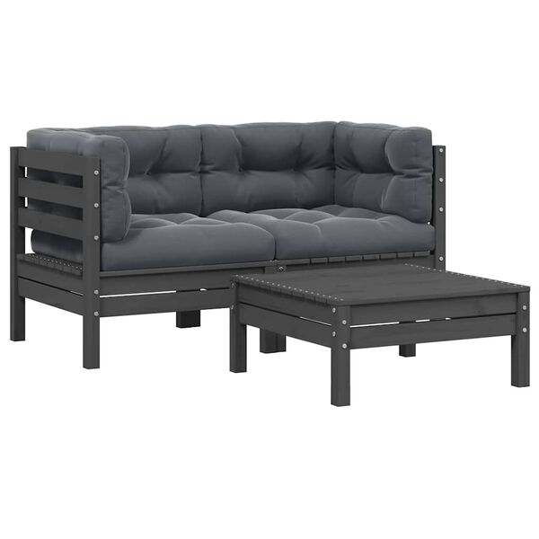 vidaXL 3-tlg. Garten-Lounge-Set mit Kissen Grau Kiefer Massivholz