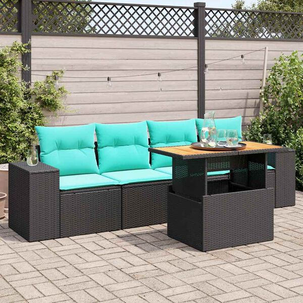 vidaXL 5-tlg. Garten-Sofagarnitur mit Kissen Schwarz Poly Rattan