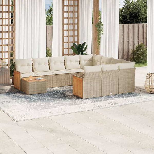 vidaXL 11-tlg. Garten-Sofagarnitur mit Kissen Beige Poly Rattan