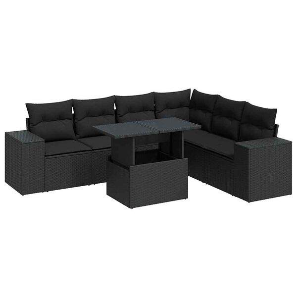 vidaXL 7-tlg. Garten-Sofagarnitur mit Kissen Schwarz Poly Rattan