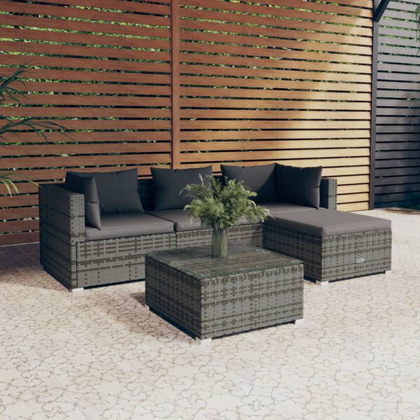 vidaXL 5-tlg. Garten-Lounge-Set mit Kissen Poly Rattan Grau