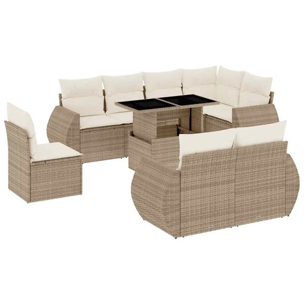 vidaXL 9-tlg. Garten-Sofagarnitur mit Kissen Beige Poly Rattan