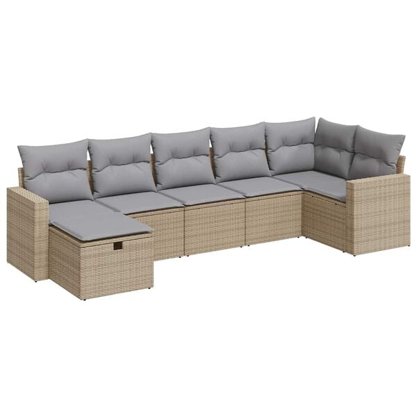 vidaXL 7-tlg. Garten-Sofagarnitur mit Kissen Beige Poly Rattan